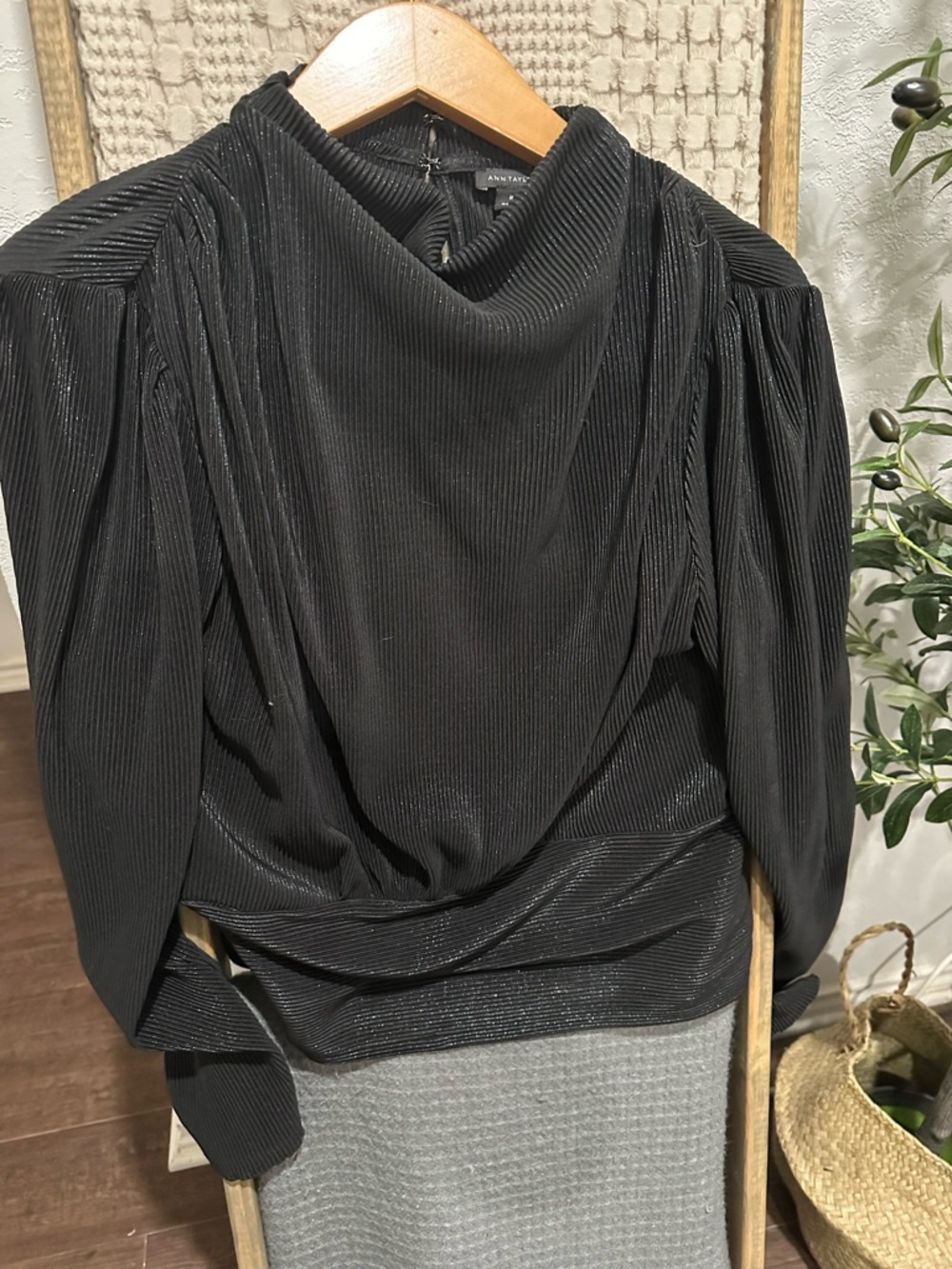 Ann Taylor Black Pleated Drape Neck Blouse